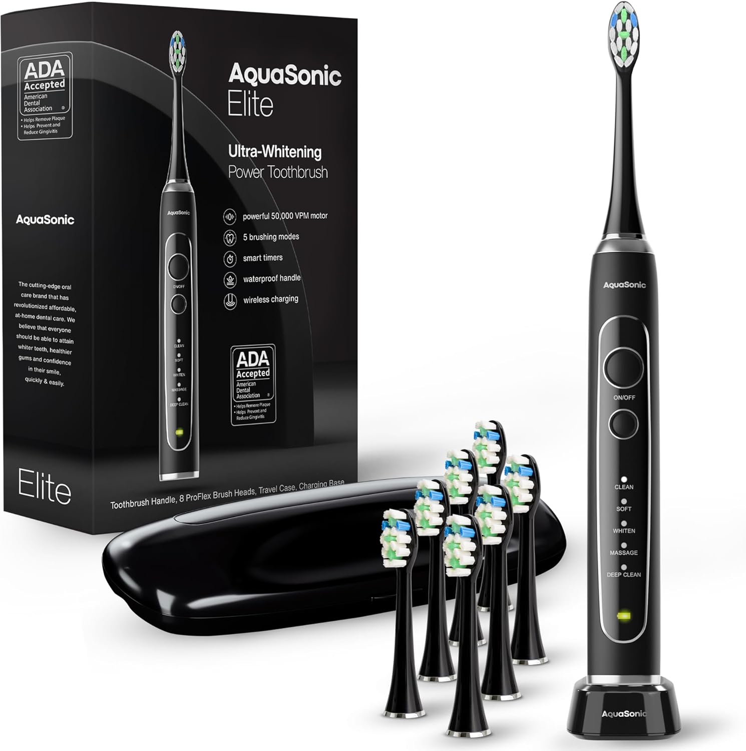Aquasonic Elite Ultra-Whitening Toothbrush – Ada Accepted Power Toothbrush - 8 Proflex Brush Heads & Travel Case – 50,000 Vpm Motor & Wireless Charging - 5 Modes W Smart Timer (Black)