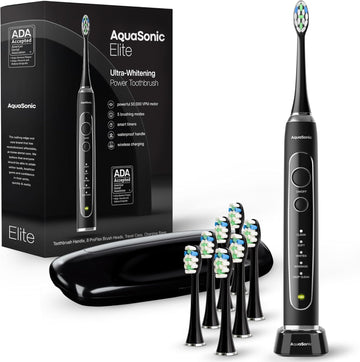 Aquasonic Elite Ultra-Whitening Toothbrush – Ada Accepted Power Toothbrush - 8 Proflex Brush Heads & Travel Case – 50,000 Vpm Motor & Wireless Charging - 5 Modes W Smart Timer (Black)