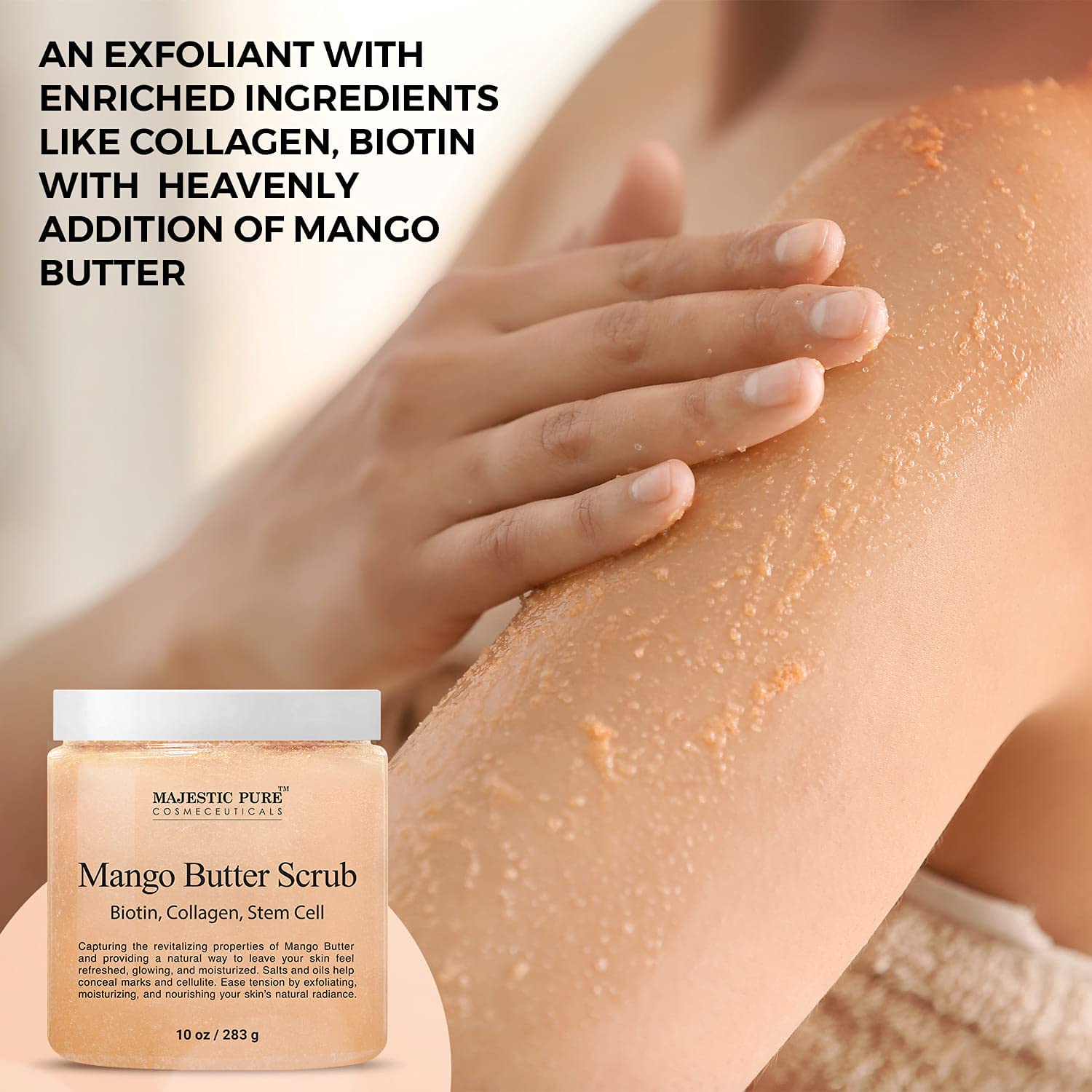 Majestic Pure Mango Butter Body Scrub - With Biotin, Collagen, Stem Cell - Exfoliating Salt Scrub to Exfoliate and Moisturize Skin - Deep Skin Cleanser - Natural Skin Care for Men and Women - 10 oz : Beauty & Personal Care