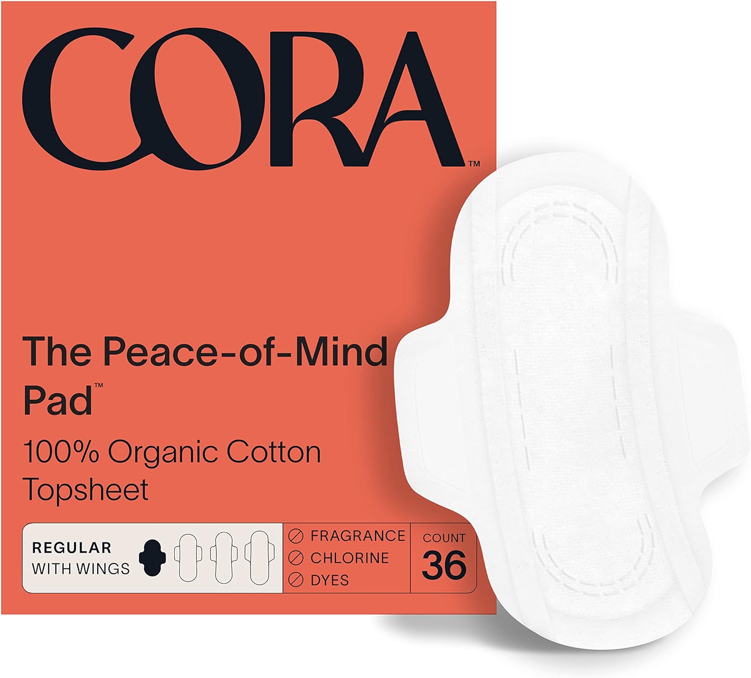 Cora Organic Pads | Ultra Thin Period Pads with Wings | Regular Absorbency | Ultra-Absorbent Sanitary Pads for Women | 100% Organic Cotton Topsheet (36 Count)