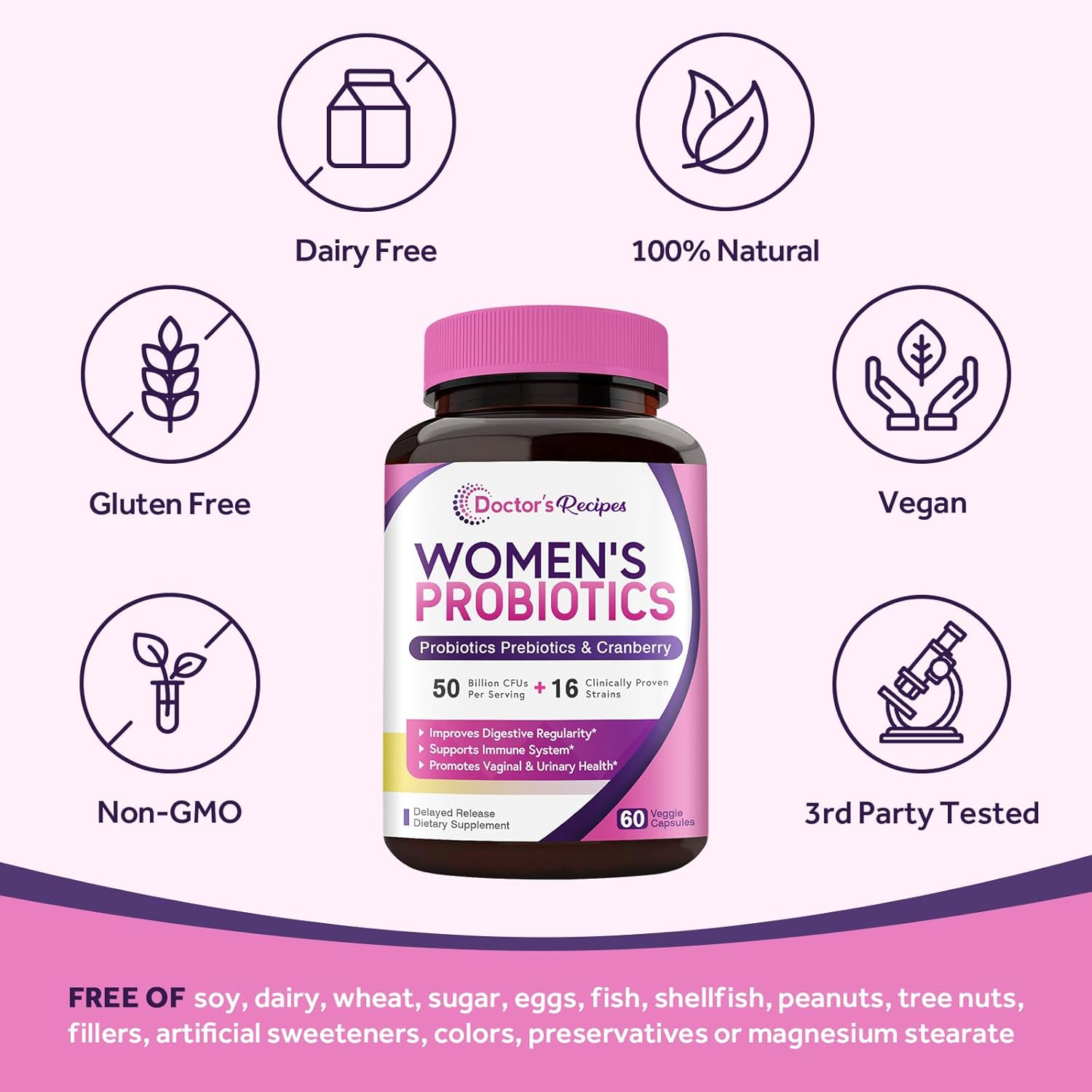 Doctor'S Recipes Women’S Probiotic, 60 Caps 50 Billion Cfu 16 Strains, With Organic Cranberry, Digestive Immune Vaginal & Urinary Health, Shelf Stable, Delayed Release, No Soy Gluten Dairy : Health & Household