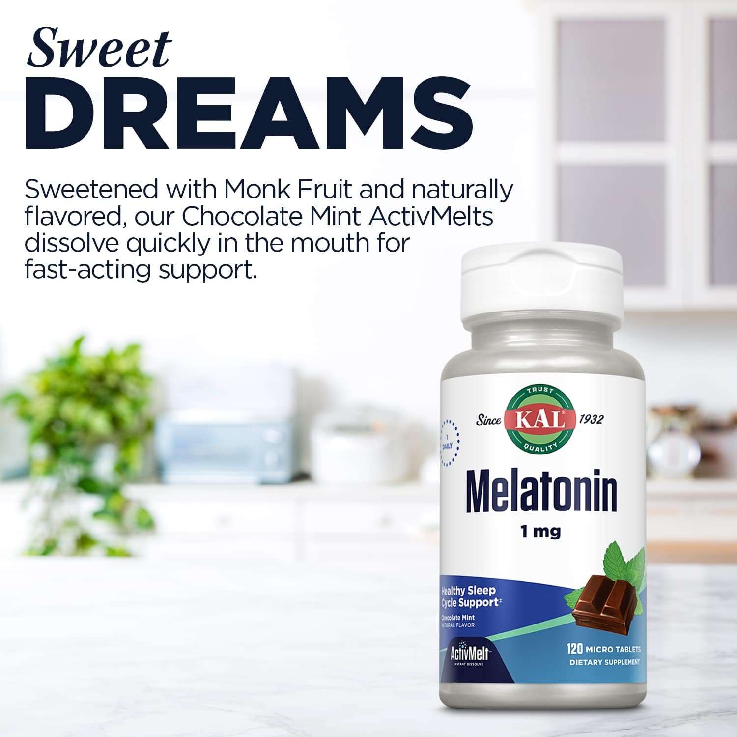 KAL Melatonin 1mg Sleep Aid, Melatonin Supplement Supports Calming Relaxation and a Healthy Sleep Cycle, Fast Dissolving ActivMelts, Natural Chocolate Mint Flavor, Vegetarian, 120 Serv, 120 Micro Tabs : Health & Household