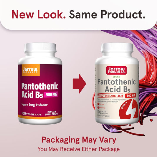 Jarrow Formulas Pantothenic Acid B5 500 Mg - 100 Veggie Caps - Essential B Vitamin Dietary Supplement - Energy Production & Metabolism Support - 100 Servings (Pack Of 4)