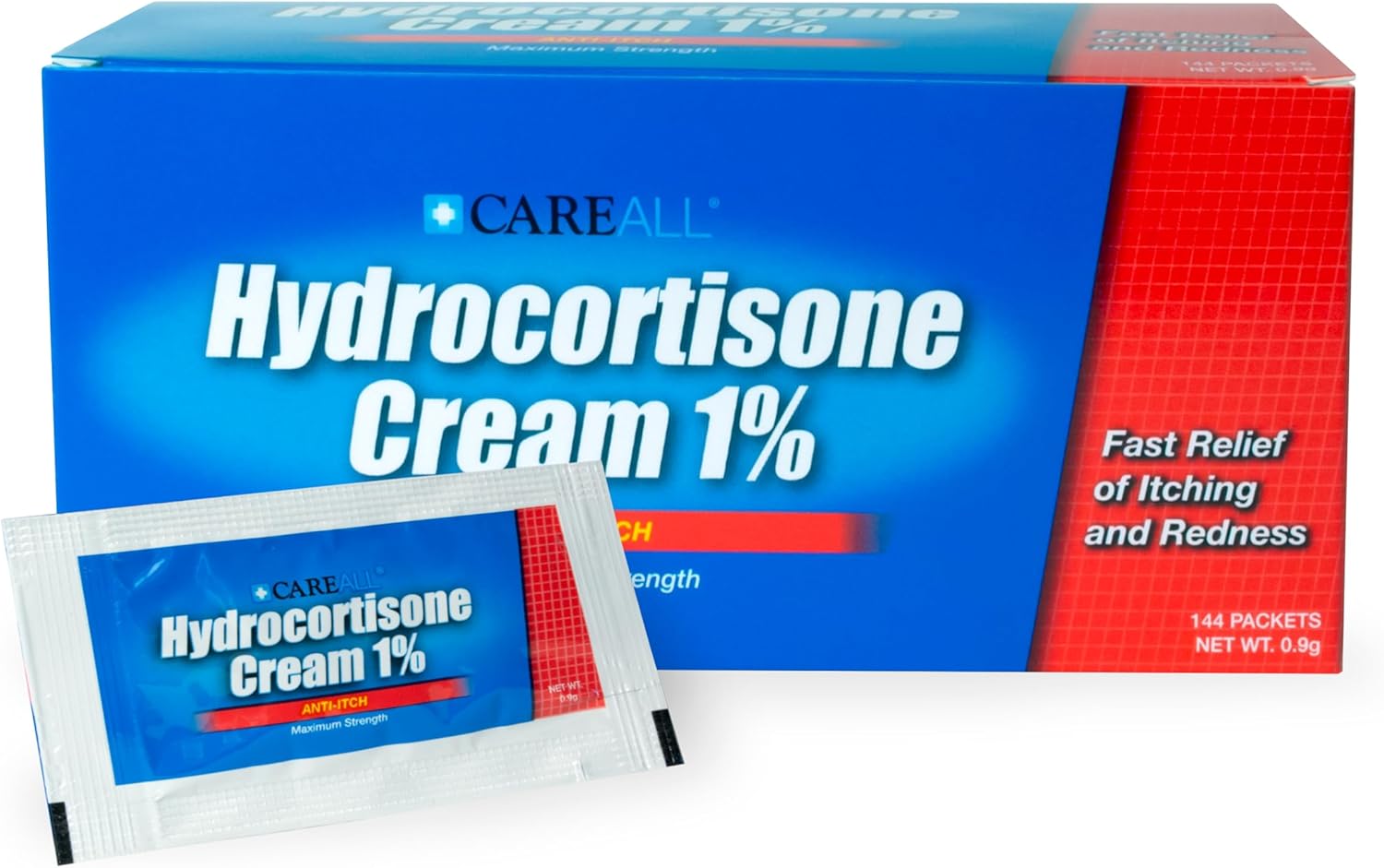 Careall Hydrocortisone Cream 1% (144 Pack), 0.9Gr Foil Packet, Maximum Strength Relieves Itching And Redness, Compare To Ingredients Of Leading Brand