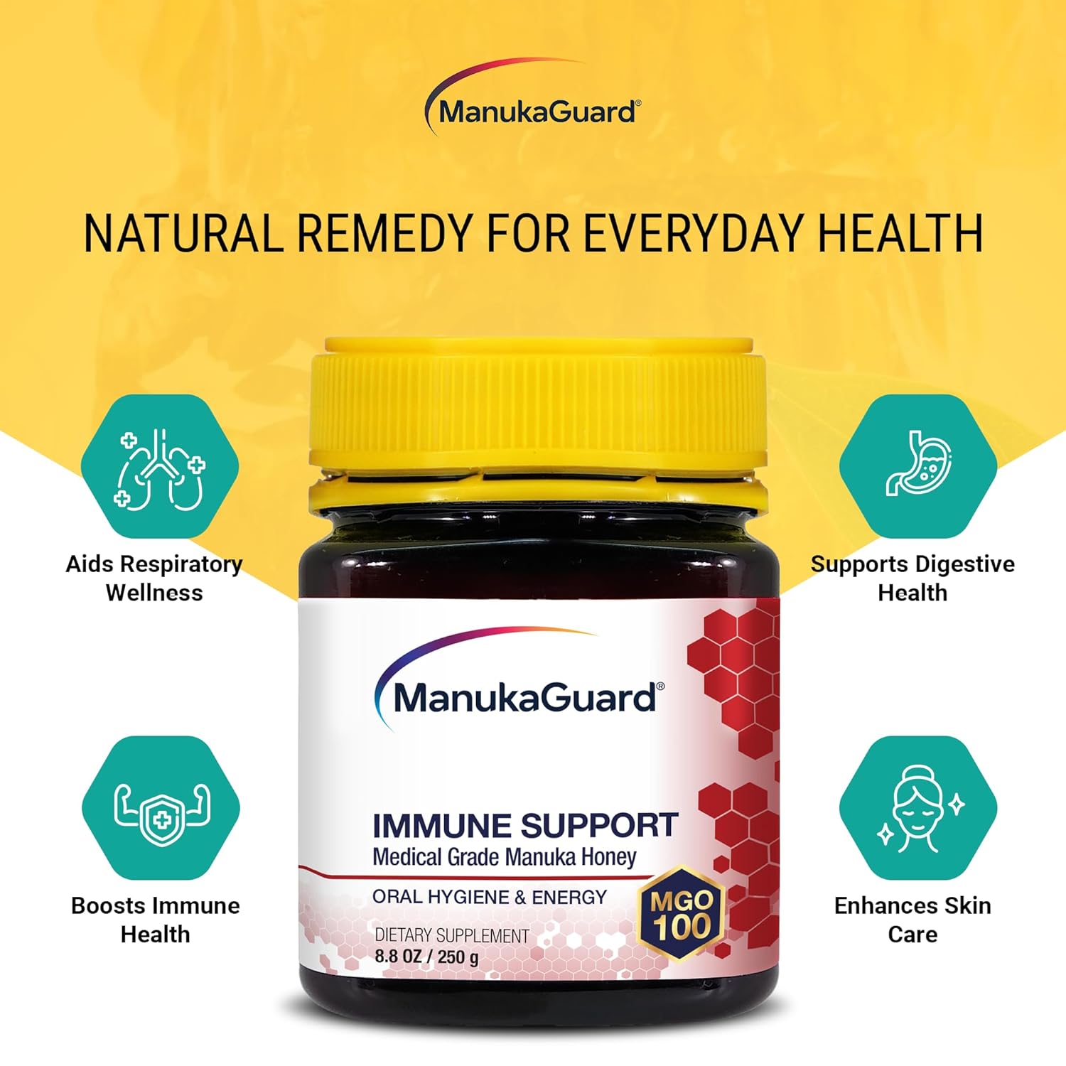 Manukaguard Immune Support Manuka Honey 8.8 Oz - Raw From New Zealand Mgo 100 - Skin Care, Immune System Support, Cough, Digestive & Respiratory Health : Grocery & Gourmet Food