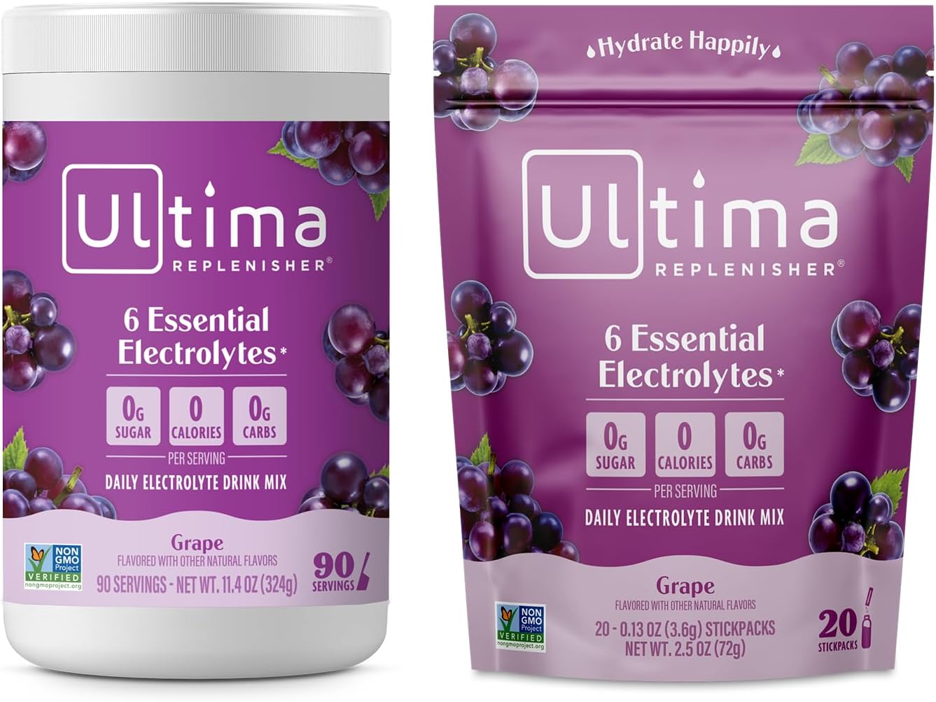 Ultima Replenisher Electrolyte Drink Mix Bundle – Grape, 90 Serving Canister & 20 Stickpacks – 6 Electrolytes & Minerals – Keto Friendly, Vegan, Non-Gmo & Sugar-Free Electrolyte Powder