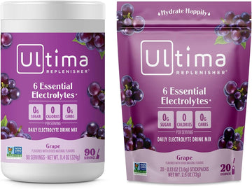 Ultima Replenisher Electrolyte Drink Mix Bundle – Grape, 90 Serving Canister & 20 Stickpacks – 6 Electrolytes & Minerals – Keto Friendly, Vegan, Non-Gmo & Sugar-Free Electrolyte Powder