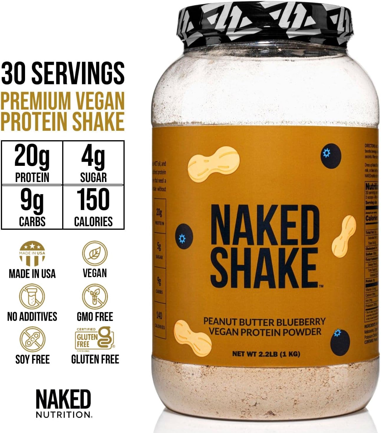 NAKED nutrition Naked Shake - Peanut Butter Blueberry Protein Powder, Plant Based Protein With Mct Oil, Gluten-Free, Soy-Free, No Gmos Or Artificial Sweeteners - 30 Servings : Health & Household