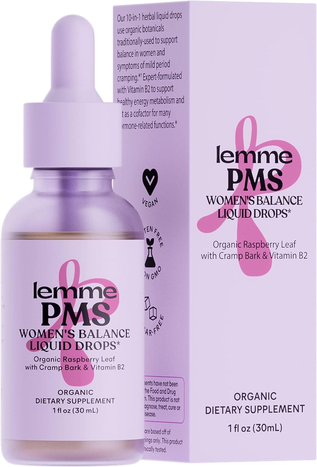 Lemme PMS Hormone Balance for Women Liquid Drops, PMS & Mild Period Cramping Relief, 10-in-1 Herbal Blend with Raspberry Leaf, Dong Quai, Cramp Bark, Reishi & B2, Organic, Sugar-Free, 1 fl oz