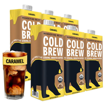 Wandering Bear Organic Caramel Cold Brew Coffee, 32 Fl Oz, 6 Pack - Extra Strong, Smooth, Organic, Unsweetened, Shelf-Stable, And Ready To Drink Iced Coffee, Cold Brewed Coffee, Cold Coffee
