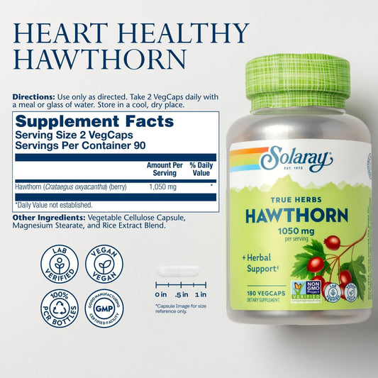 Solaray Hawthorn Berry Capsules 1050 Mg, Hawthorne Supplement For Cardiovascular Function & Circulation Support, 60 Day Money-Back Guarantee, Whole Berry, Vegan, 90 Servings, 180 Vegcaps