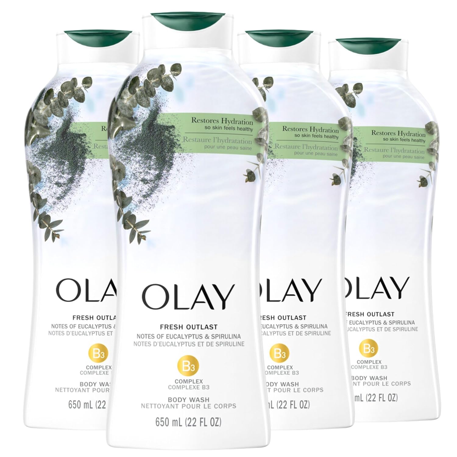 Olay Fresh Outlast Paraben Free Body Wash With Relaxing Notes Of Eucalyptus And Spirulina, 22 Fl Oz, Pack Of 4