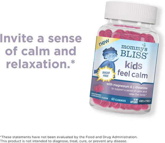 Mommy'S Bliss Kids Feel Calm Gummies, Support A Sense Of Calm And Relax The Body, Made With Magnesium, L-Theanine, Sugar Free Raspberry Lemonade Flavor, Age 4+, 60 Gummies