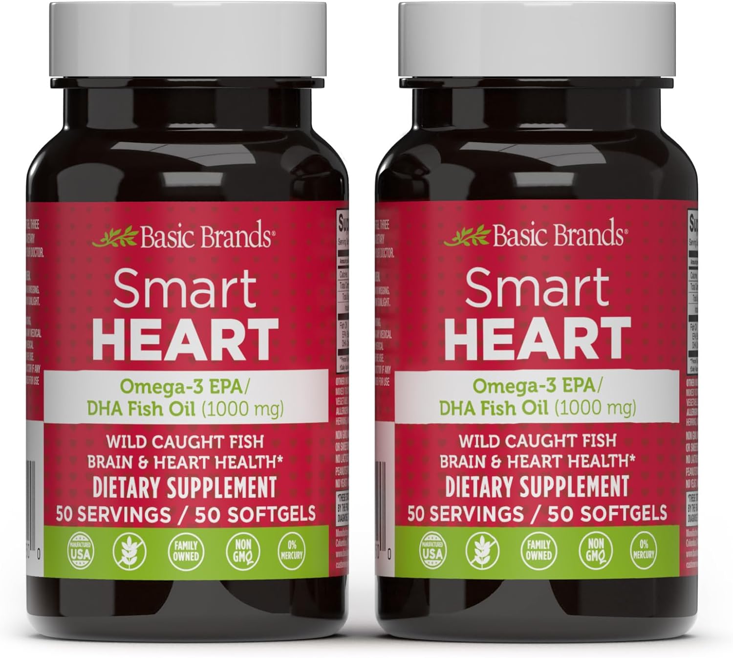 Basic Brands Smart Heart Omega-3 Fish Oil 1000mg - Triple Strength EPA & DHA, Non-GMO, Heart & Cognitive Support - 50 Burpless Softgels - 2-Pack : Health & Household