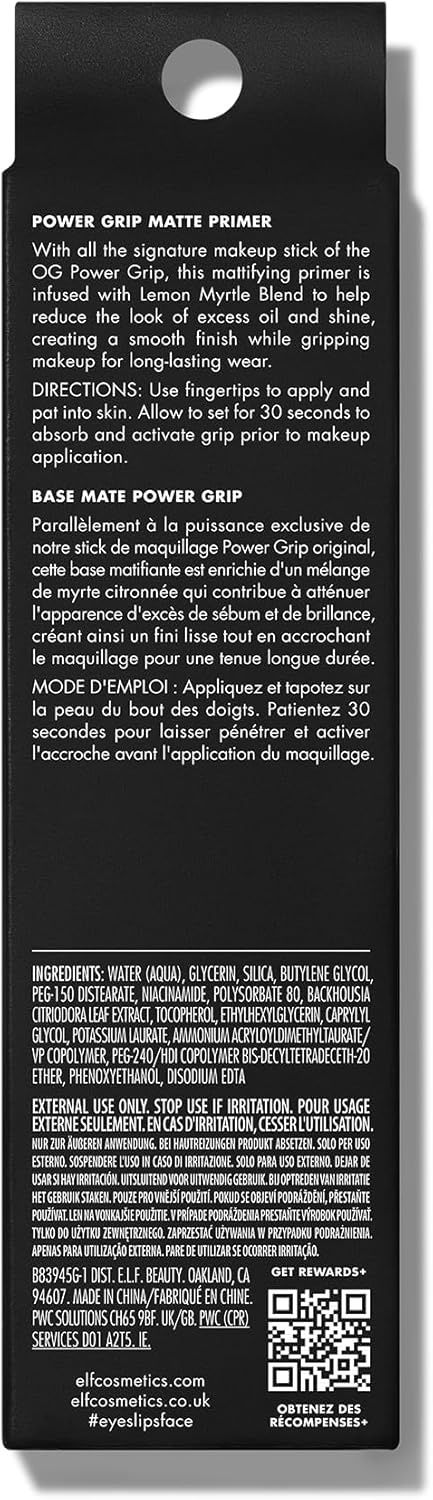 E.L.F. Power Grip Matte Primer, Matte Finish, Long-Lasting, Suitable For All Skin Types, Infused With Lemon Myrtle Blend, Vegan & Cruelty-Free