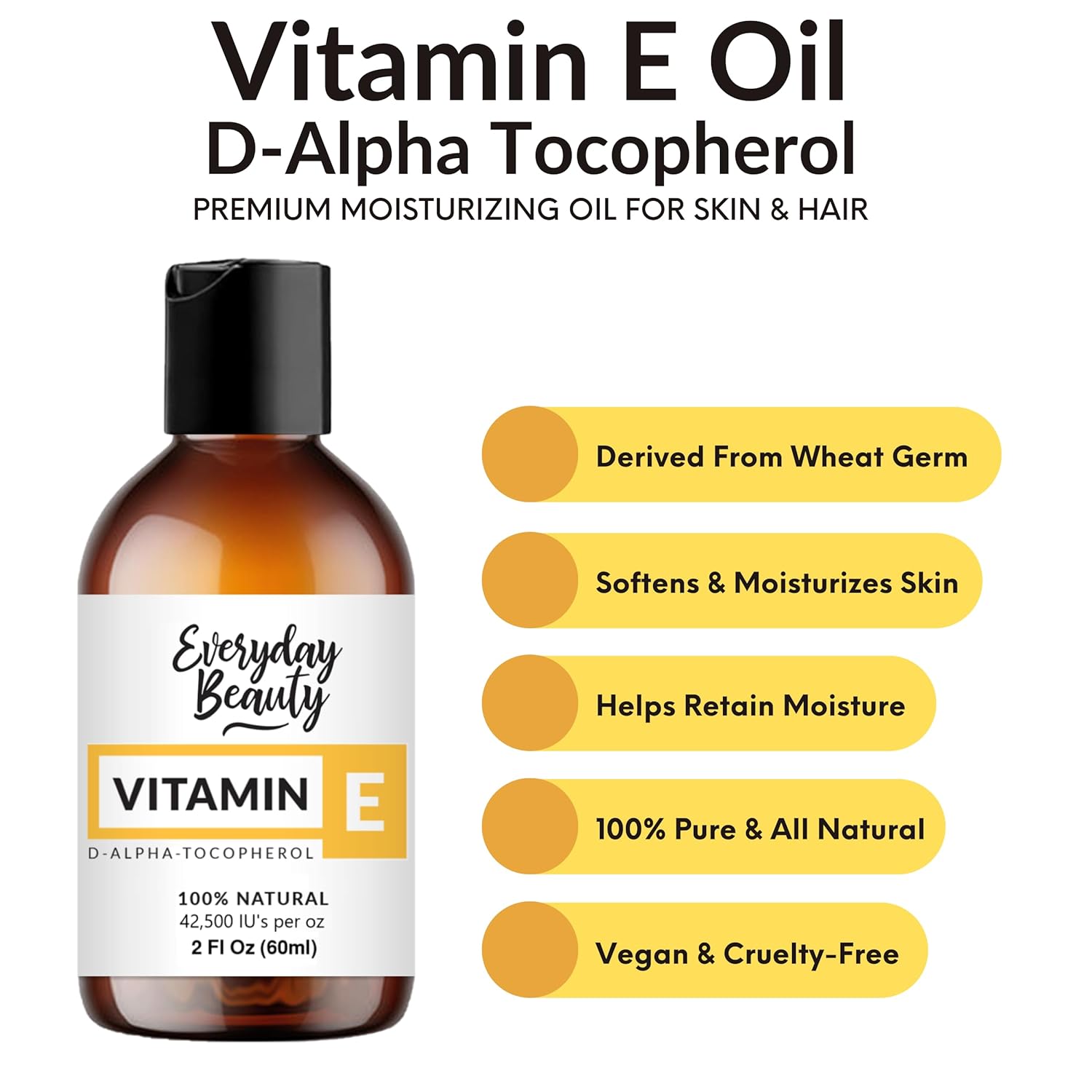 Pure Vitamin E Oil - D-Alpha Tocopherol 100% Pure & All Natural 2Oz 42,500 Iu Per Oz - Thick, Amber Color, Nutty Aroma - From Wheat Germ -Face Body Hair -Diy Cosmetics & After Surgery Scars : Health & Household