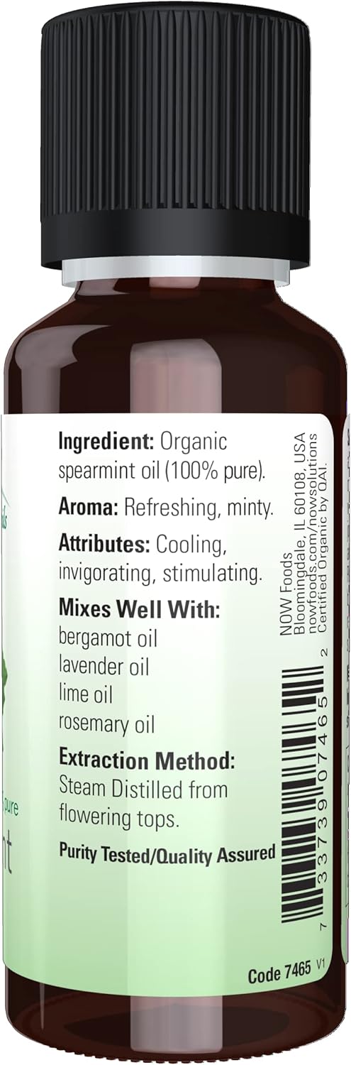 NOW Essential Oils, Organic Spearmint Oil, Stimulating Aromatherapy Scent, Steam Distilled, 100% Pure, Vegan, Child Resistant Cap, 1-