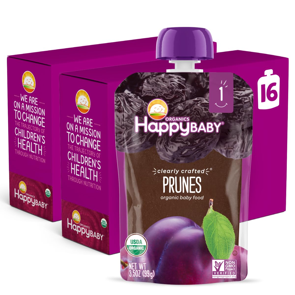Happy Baby Organics Clearly Crafted Stage 1 Baby Food, Prunes, 3.5 Ounce Pouch (Pack Of 16)
