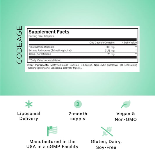 Codeage Liposomal Nicotinamide Riboside Supplement 500Mg Nr+ - Betaine Anhydrous Pterostilbene - 2-Month Supply - Liposomal Delivery For Bioavailability - Cell & Energy Support - Non-Gmo - 60 Capsules