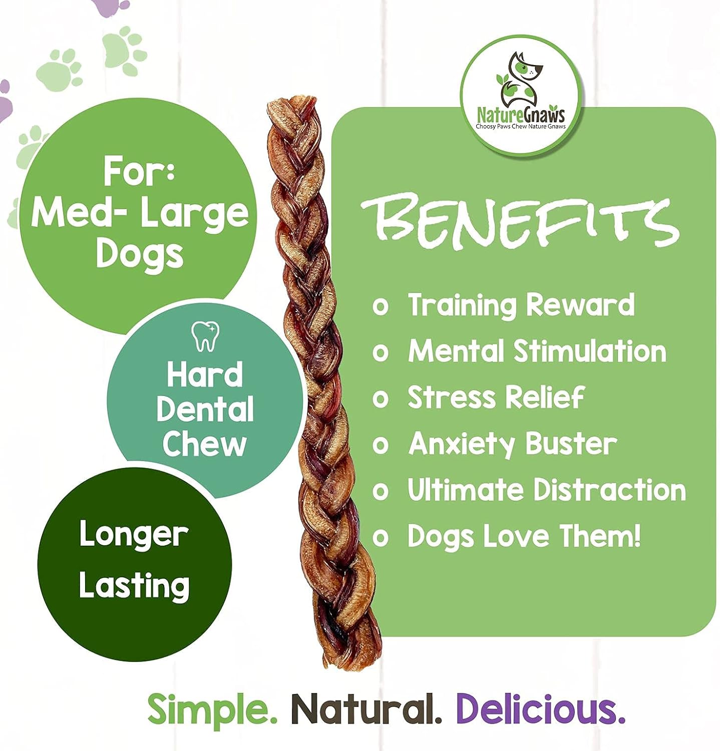 Nature Gnaws - Braided Bully Sticks for Dogs - Premium Natural Beef Dental Bones - Long Lasting Dog Chew Treats for Aggressive Chewers - Rawhide Free - 12 Inches : Pet Supplies
