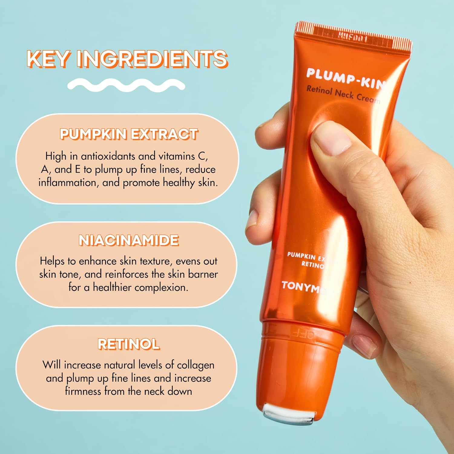 Tonymoly Plump-Kin Retinol Neck Cream, Pumpkin Extract + Retinol, Clinically Proven To Lift And Firm With Stainless Steel Massage Roller 1.69 Fl Oz