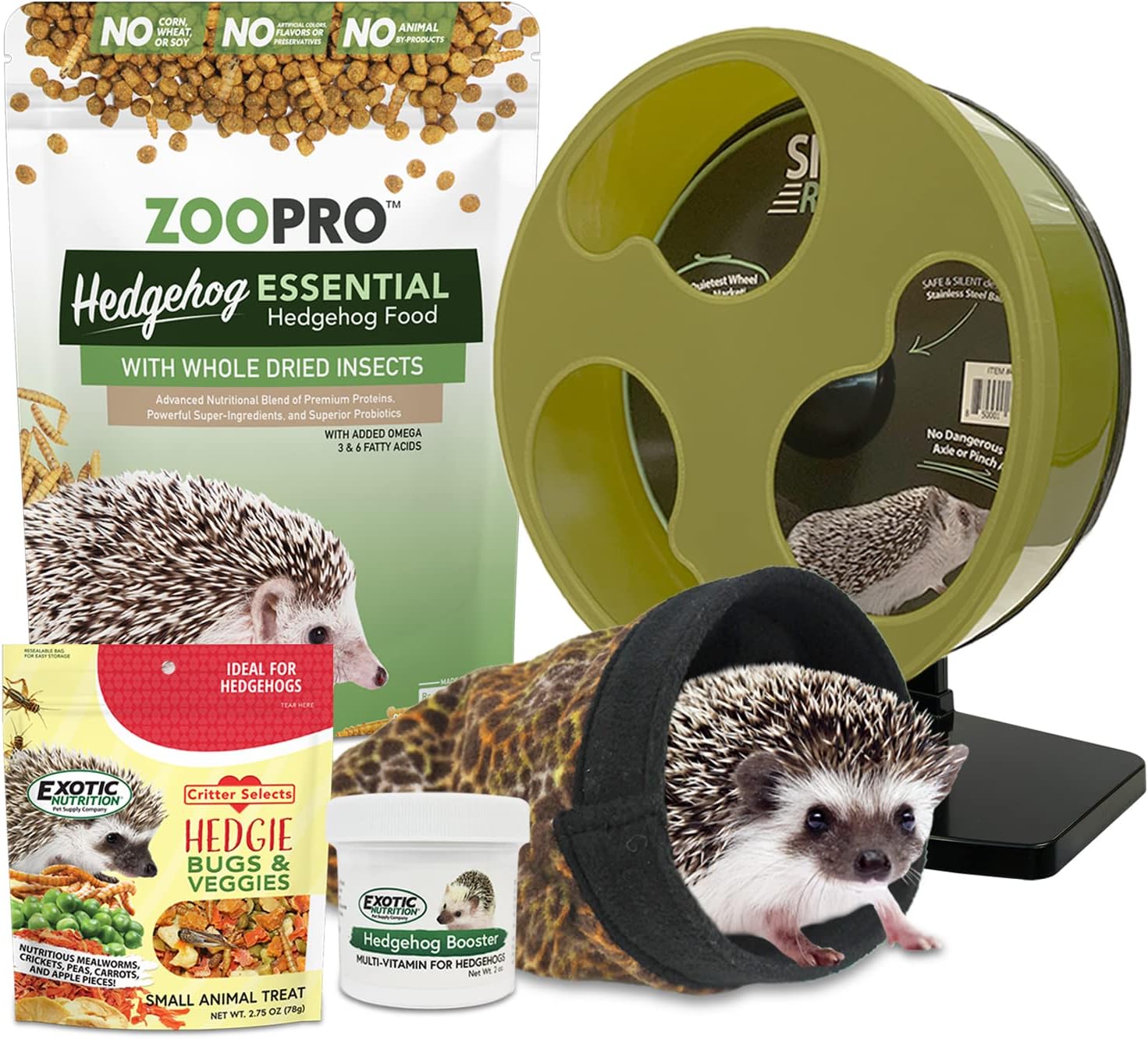 Exotic Nutrition Starter Package For Hedgehogs - Includes Exercise Wheel, Healthy Food, Natural Treat, Multi-Vitamin & Hideout