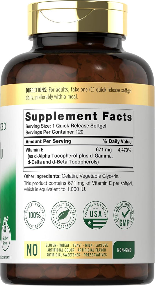 Carlyle Vitamin E Plus Mixed Tocopherols | 1000 Iu (671Mg) | 120 Softgels | Non-Gmo And Gluten Free Formula | Naturally Sourced Vitamin E Supplement