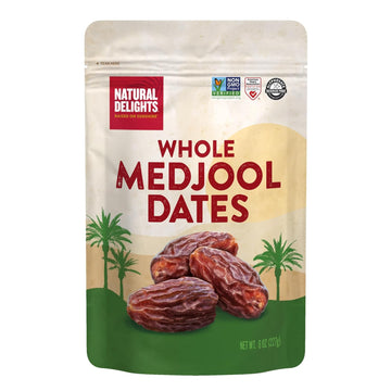 Natural Delights Medjool Dates – Large & Plump, Whole Non-Gmo Verified, Good Source Of Fiber, Naturally Sweet Fruit Snack, Perfect For On-The-Go - Medjool Dates Whole, 12 Oz Container