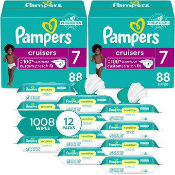 Pampers Pull On Cruisers 360° Fit Disposable Baby Diapers Size 7, 2 Months Supply (2 X 88 Count) With Sensitive Water Based Baby Wipes 12X Multi Pack Pop-Top And Refill (1008 Count)