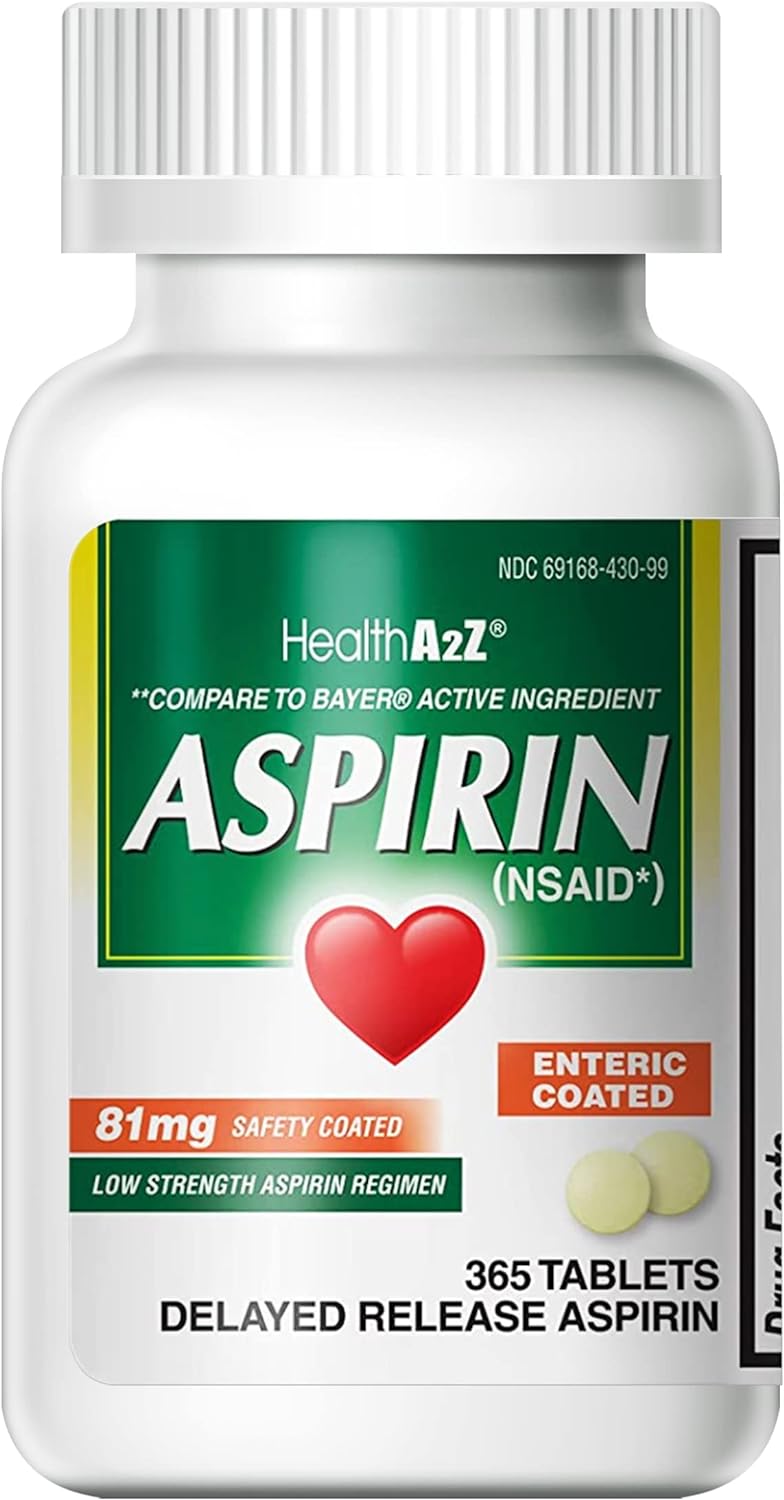 Healtha2Z® Aspirin 81 Mg | Low Strength | Enteric Coated | Pain Relief | Reduces Minor Aches Muscle Pain & Cramps | Fever Reducer | Reduces Headache (365 Counts)