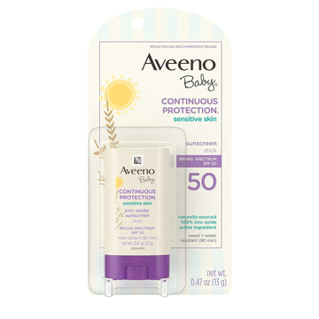 Aveeno Baby Continuous Protection Mineral Sunscreen Stick For Sensitive Skin With Broad Spectrum Spf 50 Protection For Face & Body, Naturally Sourced 100% Zinc Oxide, Travel Size, 0.47 Oz