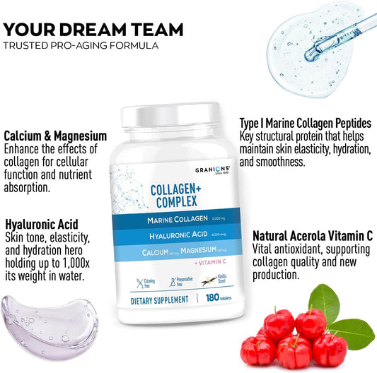 Marine Collagen Pills – 2000Mg Hydrolyzed Marine Collagen Peptides, Hyaluronic Acid, Vitamin C, Calcium, Magnesium – Skin, Hair, Nails, Pro Aging Hyaluronic Acid Supplements – 180 Tablets