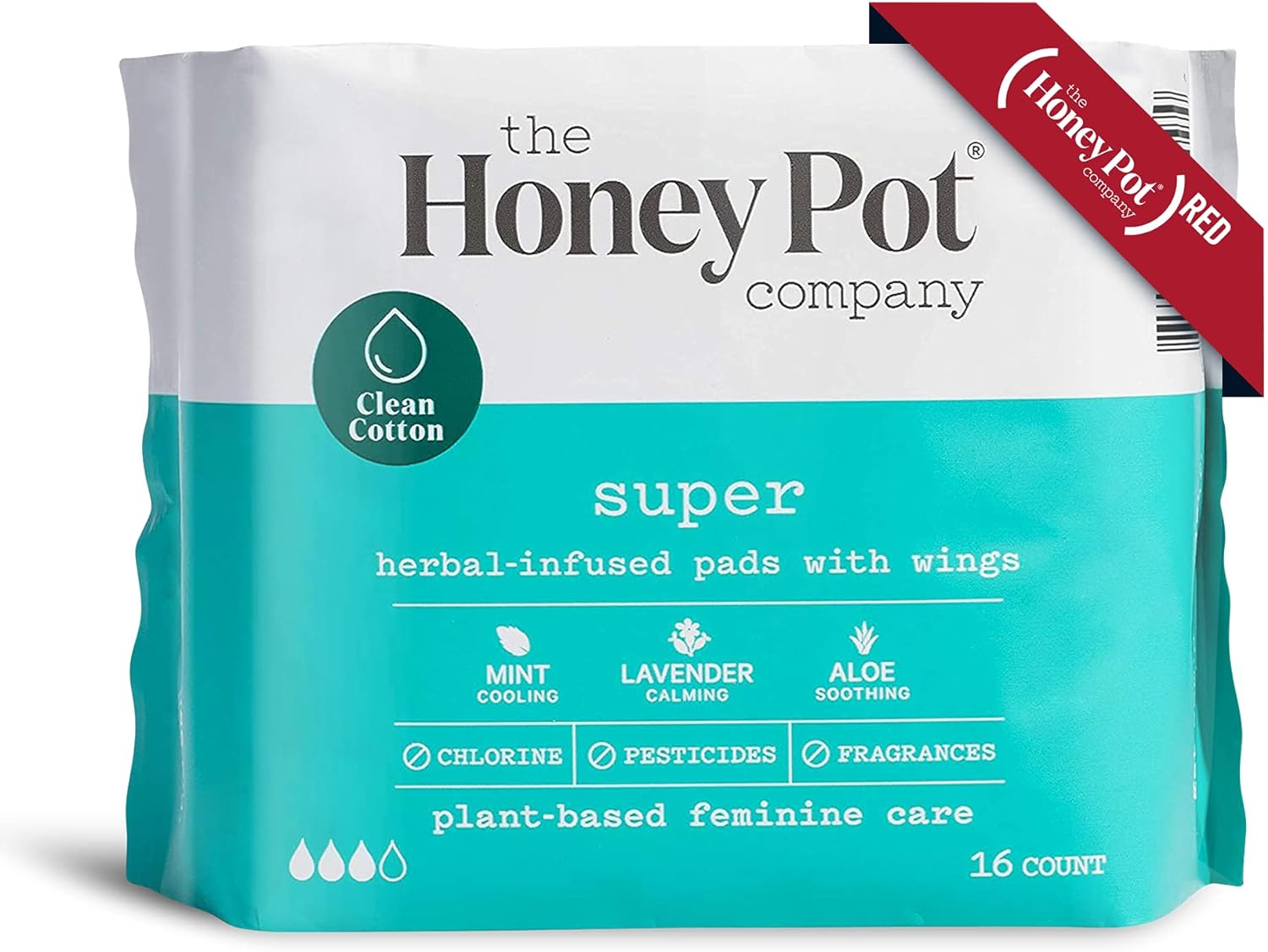 The Honey Pot Company Clean Cotton Super Absorbency Pads, Herbal-Infused Pads with Wings, Plant-Derived Feminine & Menstrual Care – (Product) RED – 16 ct