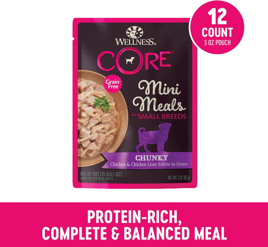 Wellness Core Natural Grain Free Small Breed Mini Meals Wet Dog Food, Chunky Chicken & Chicken Liver Entrée In Gravy, 3-Ounce Pouch (Pack Of 12)