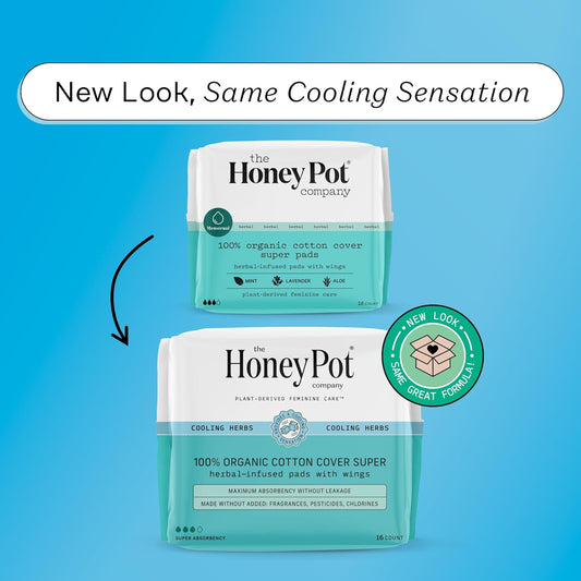 The Honey Pot Company - Herbal Pads For Women - Super Pads W/Wings - Infused W/Essential Oils For Cooling Effect, Organic Cotton Cover, & Ultra-Absorbent Pulp Core - Feminine Care - Fsa & Hsa - 16 Ct