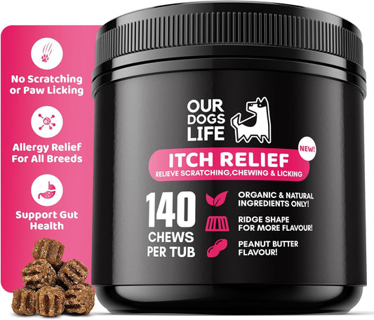 Itch Relief Supplement 140 Chews | All-Natural Organic Ridge Shape | Itchy dog skin relief, Healthy Skin & Coat Health | Veterinarian-Formulated Omega 3,6 & 9Chews | Non-GMO, No Fillers & Gluten Free