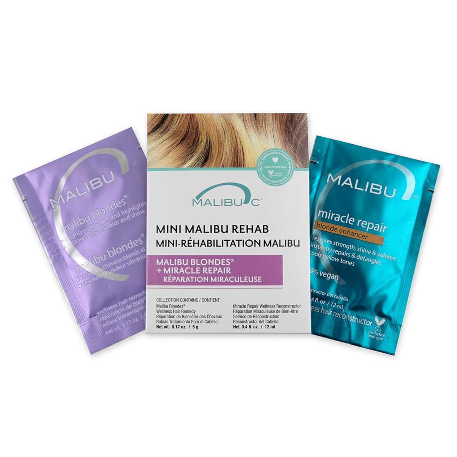 Malibu C Mini Rehab Malibu Blondes - Contains 2 Hair Remedy Packets - Vitamin Complex Hair Remedy To Restore Hair Vibrancy - Hair Care For Natural & Processed Blondes