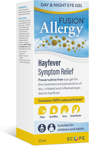 Fusion Allergy Day & Night Eye Gel With 100% Natural Ectoin - Drug Free Around The Clock Treatment And Prevention Of Hay Fever Symptoms, Dry, Irritated And Inflamed Eyes (10Ml - 220-250 Doses)
