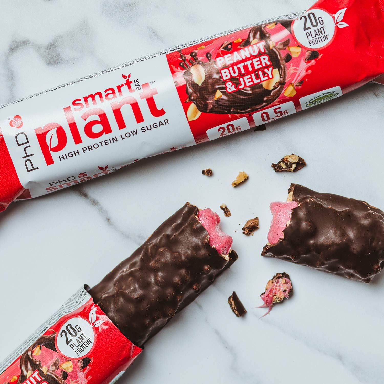 PhD Nutrition Smart Plant Bar Low Calorie, High Protein Low Sugar Vegan Protein Bar/Protein Snacks, Peanut Butter and Jelly Flavour, 20g of Plant Protein, 64g Bar (12 Pack) : Amazon.co.uk: Health & Personal Care