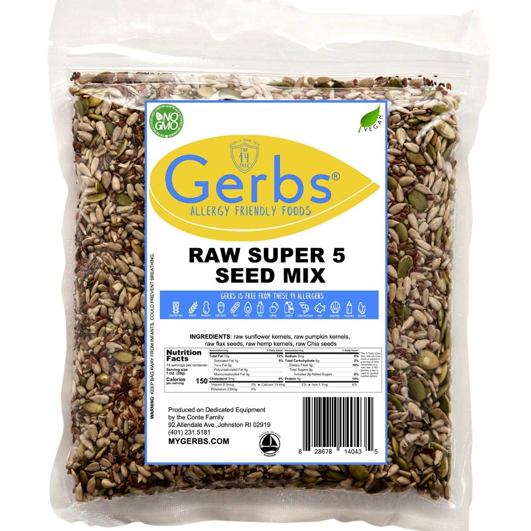 GERBS Super 5 Seed Snack Mix 14 Oz. Premium Grade | Top 14 Food Allergy Free | Resealable Bulk Bag | Made in USA | Raw Pumpkin Sunflower Chia Hemp Flax Seed Trail Mix | Gluten Peanut Tree Nut Free