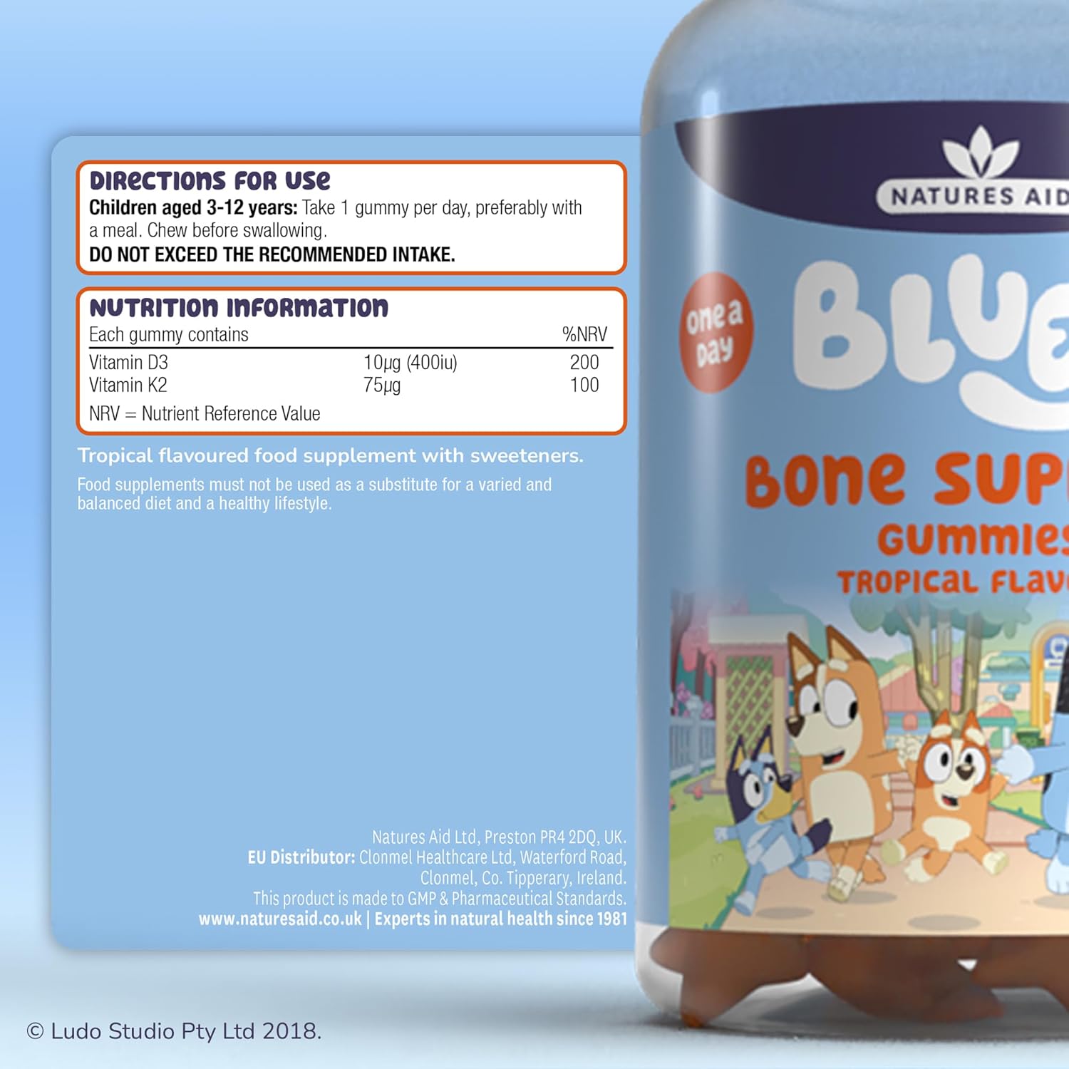 Bluey Kids Bone Support Gummies - Vitamin D3 & K2 to Support Growing Bodies and Bone Growth - Tropical, No Added Sugar, Vegan, Gluten Free - 30 Gummys for Children Ages 3-12 : Amazon.co.uk: Health & Personal Care