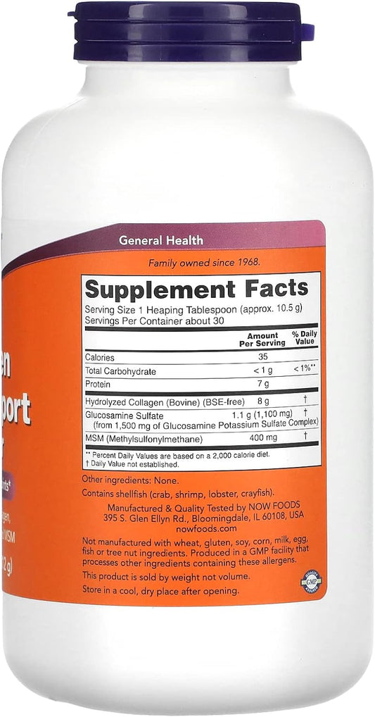 NOW Supplements, Collagen Joint Support? Powder with Beef Gelatin, Glucosamine Sulfate and MSM, 11-Ounce