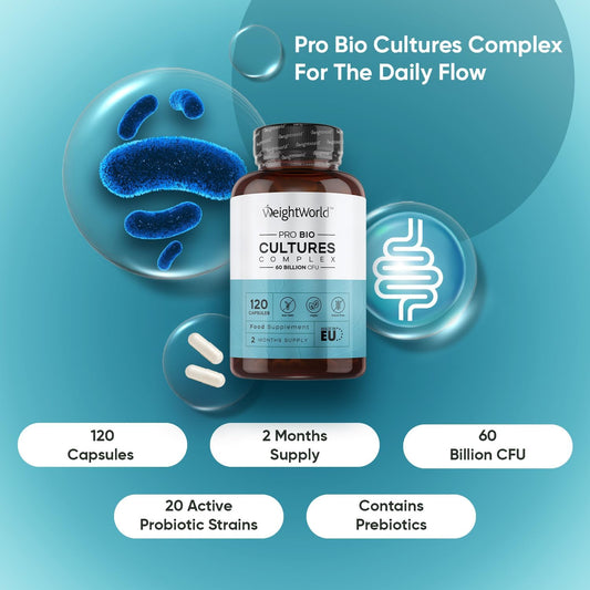 Bio Cultures Complex Probiotics & Prebiotics - 60 Billion Cfu - 2 Months Supply - 120 Capsules - 20 Live Bio Cultures - Lactobacillus & Bifidobacterium Strains - Vegan Probiotic Complex Capsules