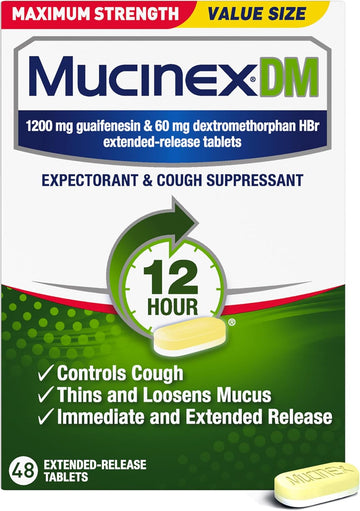 Mucinex Dm 12Hr Maximum Strength Chest Congestion & Cough Medicine For Adults, Cold And Cough Medicine For Excess Mucus Relief, 1200 Mg Guaifenesin & 60 Mg Dextromethorphan Hbr, 48 Bi-Layer Tablets