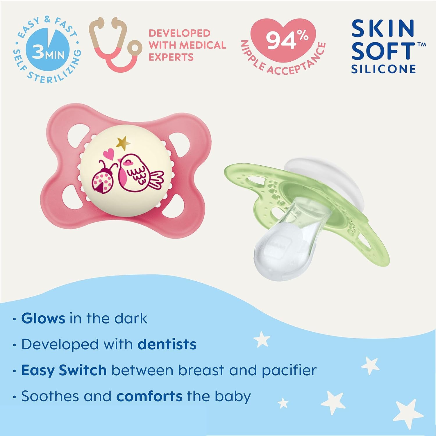 Mam Original Day & Night Pacifiers, Binky Pacifier For 0-6 Months, Bpa-Free Silicone, Glows In The Dark, Best For Newborn Babies, Developed With Medical Experts, 4 Count Binkies