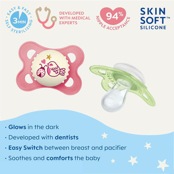 Mam Original Night Pacifiers, Binky Pacifier For 0-6 Months, Bpa-Free Silicone, Glows In The Dark, Best For Newborn Babies, Developed With Medical Experts, 2 Count Binkies, With Sterilizer Case