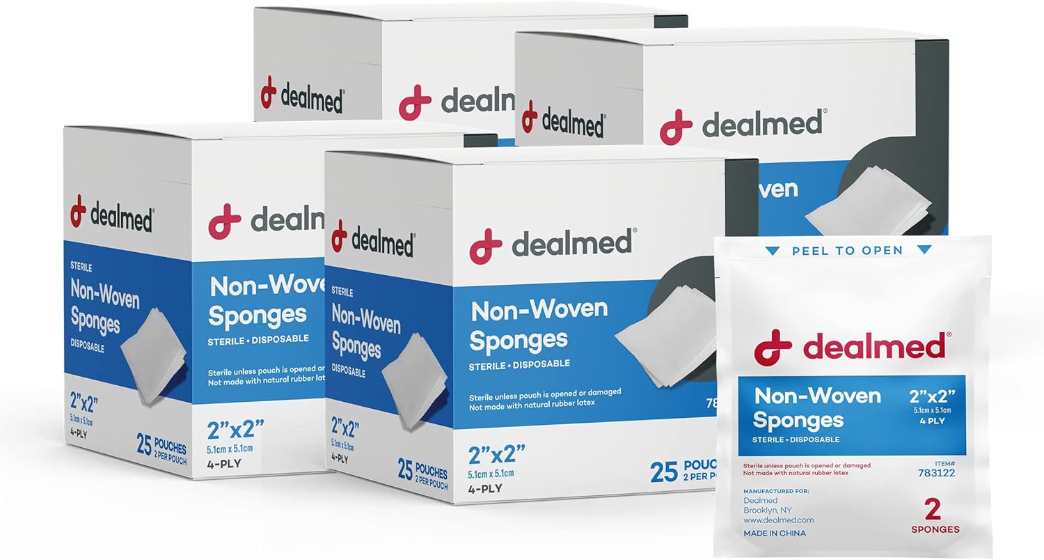 Dealmed Premium Non-Woven Sponges – 2" X 2" 4-Ply Non-Woven Gauze Pads, 25 Pouches, 2 Per Pouch (Pack Of 4), Absorbent Gauze Sponges, Wound Care Product For First Aid Kits And Medical Facilities