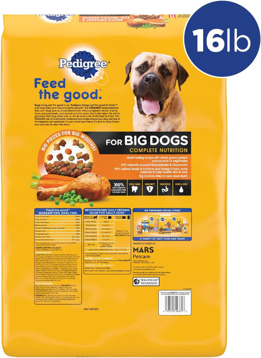 Pedigree for Big Dogs Adult Complete Nutrition Large Breed Dry Dog Food Roasted Chicken, Rice & Vegetable Flavor Dog Kibble, 16 lb. Bag
