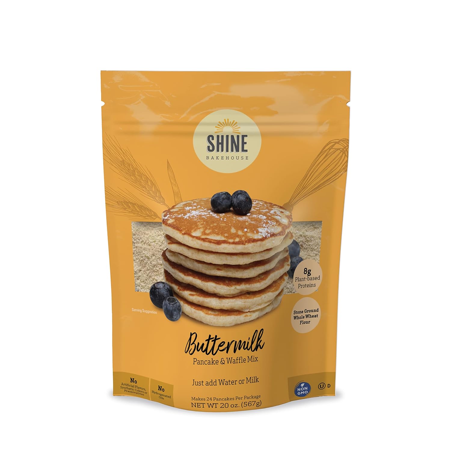 Buttermilk Pancake Mix by Shine Bakehouse – Baking Mix for Homemade Buttermilk Pancakes or Waffles, Made with 8g of Plant-Based Protein per Serving, Makes 24 Pancakes, 20 oz (1pk)