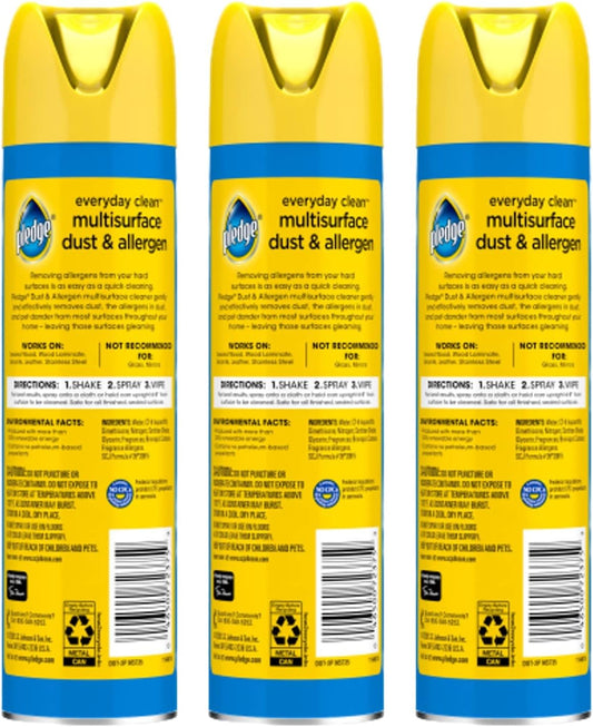 Pledge Everyday Clean Multi Surface Cleaner Aerosol, Dust & Allergen, Lemon, 9.7 oz (Pack of 3)
